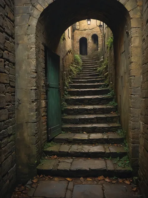 there is a stone arch with a green door and steps