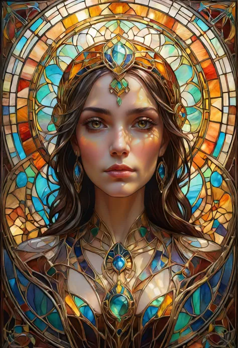 oil painting, beautiful woman rim amari, art nouveau stained glass windows, symmetrical, bold natural sunlights, trending on artstation