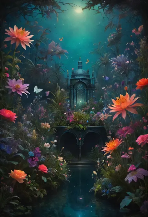 a painting of a castle surrounded by flowers and water