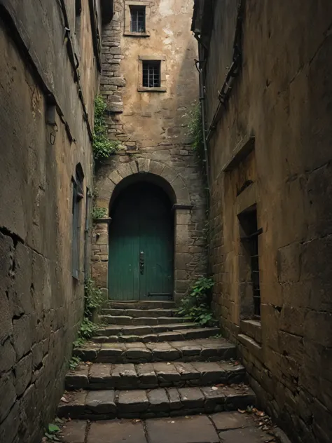 there is a green door in a narrow alley with stone steps