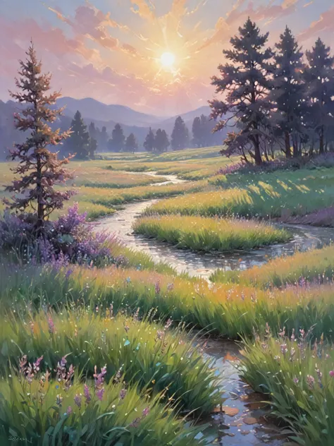 painting of a river running through a lush green field with trees