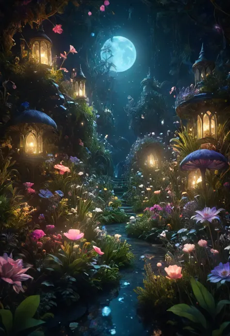 midnight whimsical landscape with magical creatures and flowers and plants,  fantasy, cinematic lighting, by Philip Hood, wide angle, volumetric light scattering, 8k, artstation, concept art