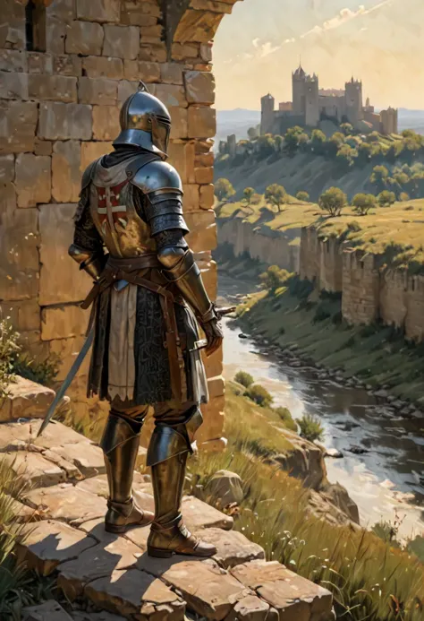 a painting of a knight standing on a ledge overlooking a river