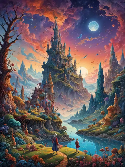 a painting of a castle in the middle of a forest