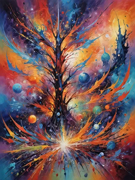 cosmic afterlife, ((surreal abstract art)), expressionist oil painting, mystical and whimsical and magical world, bold brushstrokes,  bright palette, vivid colors, perfect rule of thirds composition, very sharp