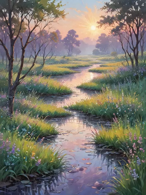 a painting of a river running through a lush green forest