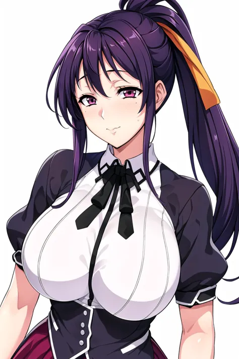 Simple White Background,
dynamic pose,standing at attention,
Black neckwear,white shirt,short_sleeves,puffy sleeves,
Red pleated skirt,school uniform,
<lora:Himejima_Akeno_DXD-KK77-V4:0.7>,
purple_eyes,Purple_hair,Bangs,Yellow hair Ribbon,long hair, high ponytail, 
<lora:Oda_Non_Style-KK77-V2:0.3>,<lora:more_details:0.1>,<lora:Highschool_DXD_Style-KK77-V1:0.3>,
1 girl, 20yo,Young female,Beautiful long legs,Beautiful body,
Beautiful Nose,Beautiful character design, perfect eyes, perfect face,expressive eyes,perfect balance,
looking at viewer,(Focus on her face),closed mouth, (innocent_big_eyes:1.0),(Light_Smile:0.3),
official art,extremely detailed CG unity 8k wallpaper, perfect lighting,Colorful, Bright_Front_face_Lighting,White skin,
(masterpiece:1.0),(best_quality:1.0), ultra high res,4K,ultra-detailed,
photography, 8K, HDR, highres, absurdres:1.2, Kodak portra 400, film grain, blurry background, bokeh:1.2, lens flare, (vibrant_color:1.2),professional photograph,
(Beautiful,large_Breasts:1.4), (beautiful_face:1.5),(narrow_waist),