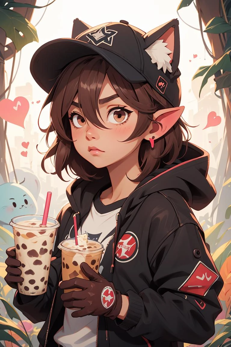 Memphis,1girl, big eyes,solo, jacket, animal ears, gloves, tail, upper body,  hat, holding, brown hair, open jacket, drinking straw, black gloves, open clothes, long hair, pointy ears,  black jacket, bubble tea, brown eyes, looking at viewer, shirt, baseball cap, holding cup, hood, hooded jacket, hair between eyes, blush, white shirt, animal ear fluff, ears through headwear, bangs,  heart, cute and adorable cartoon