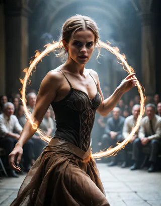 beautiful (emma watson) doing an epic dance with a ball of fire, art by ilya kuvshinov and lois van baarle ross tran trending on...