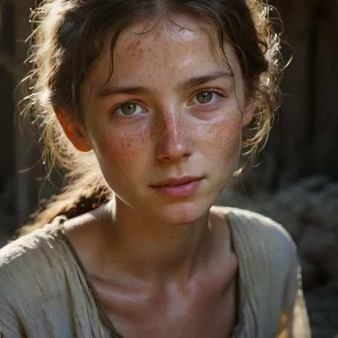 beautiful young peasant woman, plain face, dark detailed eyes, closeup, pale, messy stray hairs, sunny, warm lighting, subsurfac...