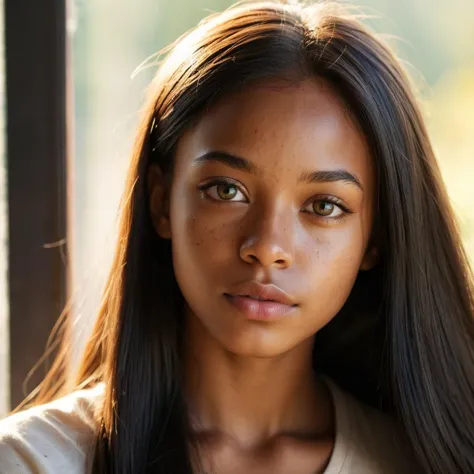 beautiful young black woman (looking through window:1.3), plain face, detailed eyes, closeup, lightskin, long straight hair, sun...