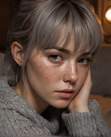 Super Closeup Portrait, pureerosface_v1, self stroking, high quality, petite, sad, Freckles, wearing skintight grey sweater, bleached Messy bangs, next to a cozy pillow, warm lighting, Canon EOS, Sci-fi vibe, dirty, noisy, Vintage monk style, very detailed, hd, half awake, sleepy <lora:more_details:.5>