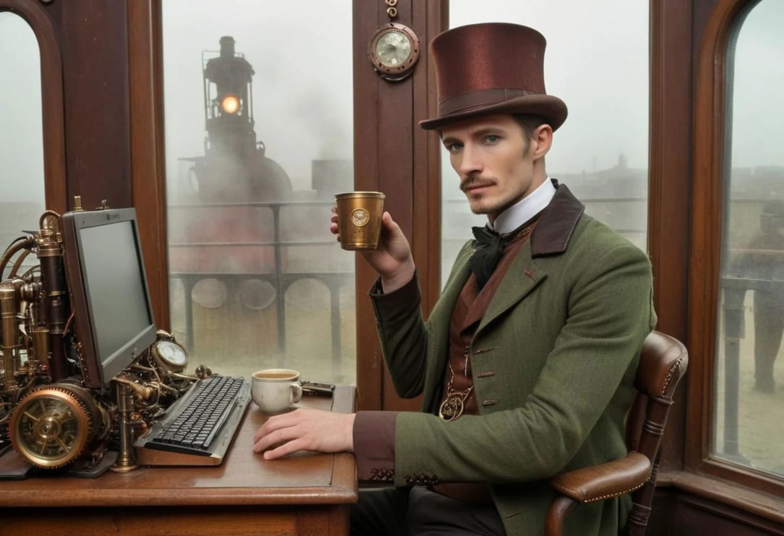 (Ganzkörper) Vintage-Foto von einem (schlank) ( Viktorianischer Arbeiter:1.3) mit müdem, abwesendem Blick eine Kaffeetasse in der Hand (Sitzung:1.6) auf viktorianischen Holzstuhl tippen an einem (steampunk (Zwei Monitore) computer:1.7), müder Ausdruck, (konservative Kleidung und einen Hut tragen), perfekte Augen, grüne Augen, perfekte Hände, neben einem Fenster mit Blick auf die Straße