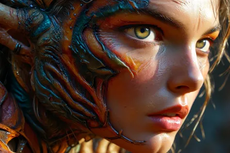 a close up of a woman with a dragon face and a dragon head