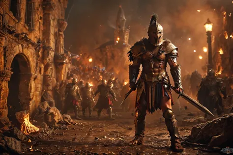 a man in armor stands in a dark alley with fire