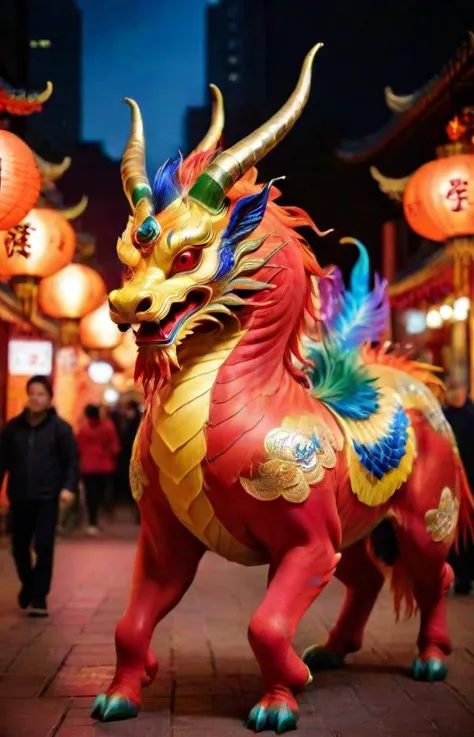 A vivid and ((multicolored Qilin), midnight, in a chinese red lantern festival street with people walking around), magnificent h...