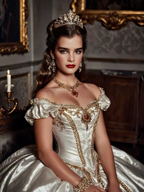 Hyperrealistic art nsfw, (full body shot:1.5), 18yo brooke shields as sexy rococo princess, Cinematic Lighting, (Detailed skin:1.6),(very Detailed skin:1.6), very long false eyelashes, red lips, mascara, eyeliner, shadoweyes, smokey eyes, look to viewer, <lora:chest_adjust:-15>,  <lora:add-detail-xl:3> light in the background, lights and shadows on her body, lens flare, heresy flares, earrings, chain necklace . Extremely high-resolution details, photographic, realism pushed to extreme, fine texture, incredibly lifelike