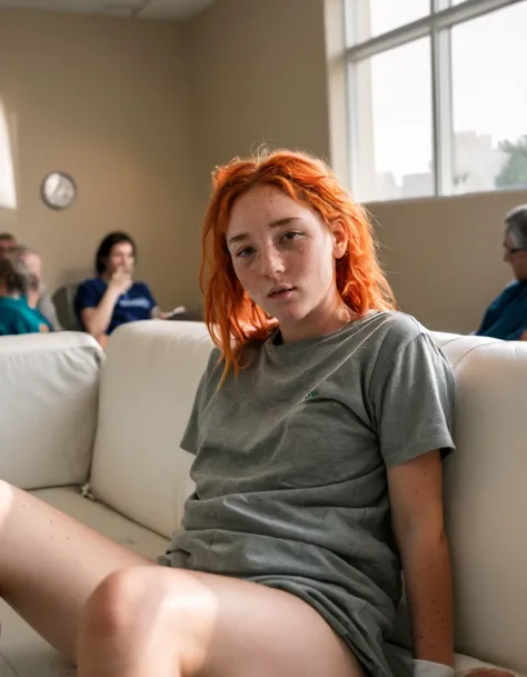 A photo of a (girl with carrot hair and freckles:1.2), spreading her legs on the (sofa in a hospital waiting room:1.1), capturin...