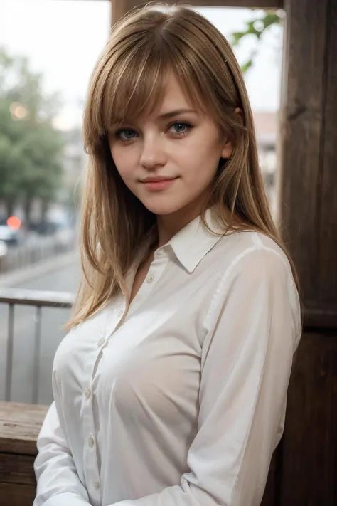 fcPortrait, mar1ya with blonde hair, bangs, innocent face, wearing white colored long-sleeve buttoned shirt, cinematic light, lo...