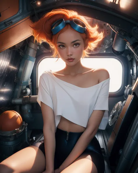 ospb, (Glamour:1.3) Photograph of a radiant sensualEdward,hourglass figure, midriff, orange hair,white shirt,off shoulder,collarbone,tanned skin,black bike shorts, goggles on head, space station,engine room,upper body,sitting,
(insanely detailed, beautiful detailed face, masterpiece, best quality) Studio lighting, deep shadows, 