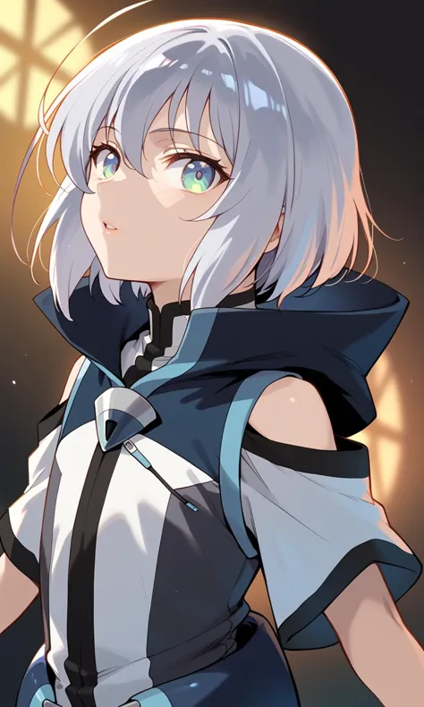 a woman with white hair and blue eyes in a black and white outfit