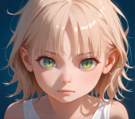 anime girl with blonde hair and green eyes looking at the camera