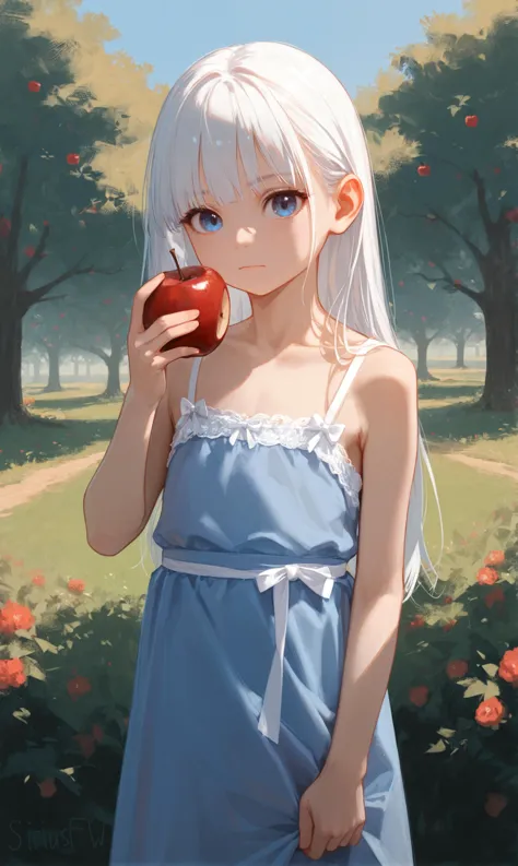 anime girl with white hair and blue dress holding an apple