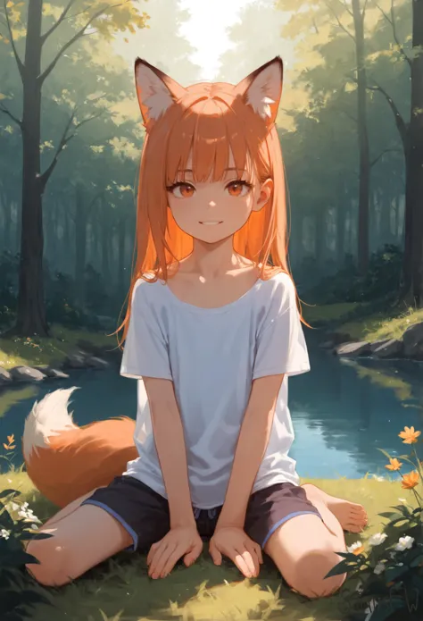 a girl sitting on the ground with a fox head on her head