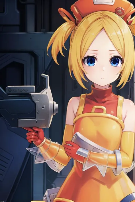 bsha, <lyco:bsha-lyco-nochekaiser:1>,
bsha, short hair, blue eyes, blonde hair, twintails, short twintails,
BREAK gloves, hat, dress, boots, gun, huge weapon, orange footwear, orange dress, bare shoulders, red gloves,
BREAK indoors,
BREAK looking at viewer, (cowboy shot:1.5),
BREAK <lyco:GoodHands-beta2:1>, (masterpiece:1.2), best quality, high resolution, unity 8k wallpaper, (illustration:0.8), (beautiful detailed eyes:1.6), extremely detailed face, perfect lighting, extremely detailed CG, (perfect hands, perfect anatomy),