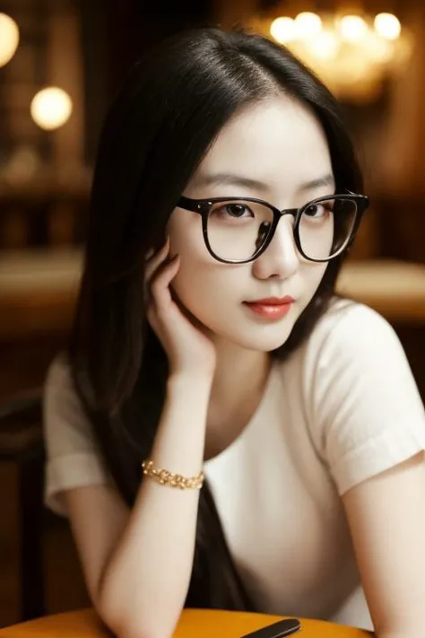 cinematic photo woman, Romantic portrait, 23 year old Chinese woman, <lora:zyc:1>,  wearing glasses, At a romantic dinner date, looking at the viewer with a seductive expression, .35mm photograph, film, bokeh, professional, 4k, highly detailed,