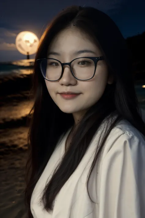 upper 3/4 portrait, Romantic photography, a young Chinese woman, 23 years old, <lora:zyc:1.3>, pale skin, thin eyebrows, long blow-out hair, wearing glasses, cinematic photo girl, looking at the viewer, endearing smile, wearing a cute summer dress, standing, on the beach, (moonlight and rolling surf:1.3), nighttime flashlight photography,<lora:flashlightphoto_v1.5a:0.7>, <lora:Night Photography By Stable Yogi:0.9>, .35mm photograph, film, bokeh, professional, 4k, highly detailed,  <lora:real_skin:0.8>, <lora:add_detail:0.3>