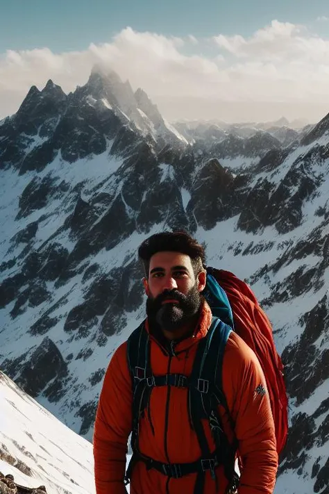 piroxiumdiffusion style, close up portrait of a man who is a mountaineer, with a beard and a worn backpack, standing on the peak...