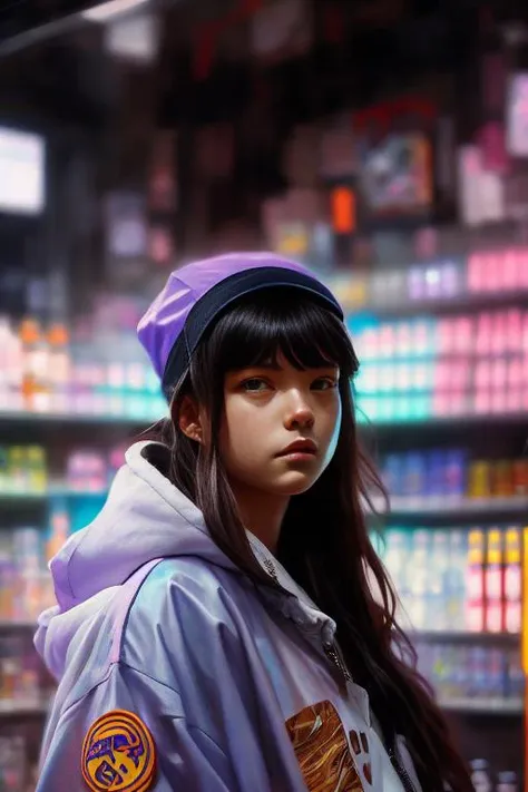 (PiroxiumDiffusion style:0.5), A ultradetailed beautiful panting of a stylish girl wearing streetwear in a convenience store, Oil painting, by Ilya Kuvshinov, Greg Rutkowski and Makoto Shinkai, heavenly beauty