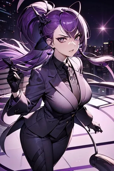 (masterpiece, best quality, perfect face, perfect eyes, detailed face, snake eyes:1.3), woman, snake lady, purple hair, neat hair, ponytail, purple gray eyes, (business suit, black suit, light purple shirt:1.2), purple tie, menacing, glasses, black gloves, (single earring, tassel earring, single tassel, purple tassel:1.2), office, windows, nightscape, night, city lights, skyscrapers, tilted head,