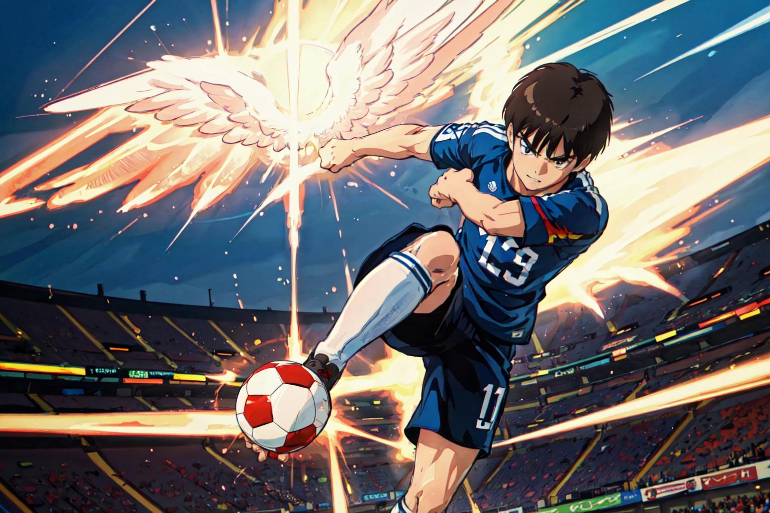 Anime soccer player kicking a soccer ball in a stadium - SeaArt AI