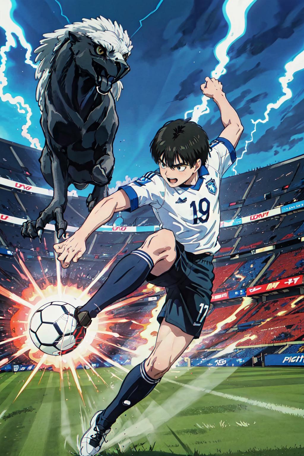 Anime soccer player kicking a soccer ball with a horse in the background -  SeaArt AI