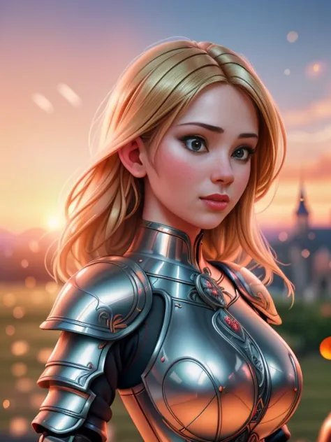 (masterpiece), (extremely intricate:1.3), (realistic), portrait of a girl, the most beautiful in the world, (medieval armor), metal reflections, upper body, outdoors, intense sunlight, far away castle, professional photograph of a stunning woman detailed, sharp focus, dramatic, award winning, cinematic lighting, octane render unreal engine, volumetrics dtx, (film grain, blurry background, blurry foreground, bokeh, depth of field, sunset, motion blur:1.3), chainmail