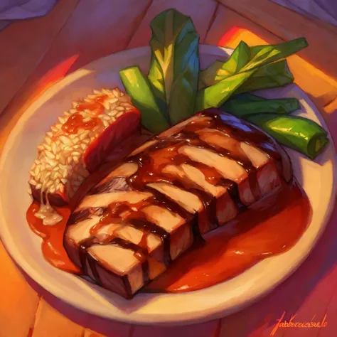 masterpiece, (by fabercastel),   HDR, anime, grilled steak with hot sauce and vegetables with rice, sunset lighting , tasty, yum...