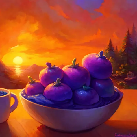 masterpiece, (by fabercastel),   HDR, anime, dango with blueberry jam and a cup of green tea, sunset lighting, tasty, yummy, col...