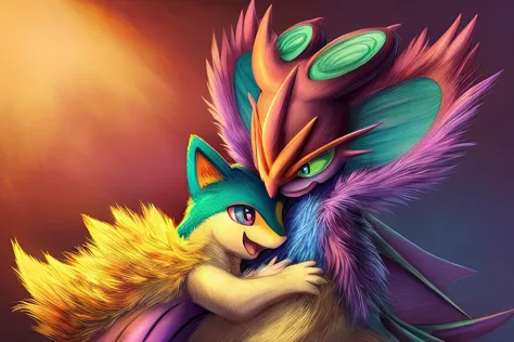 (quilava,long fur,extremely fluffy, closed eyes,very happy),(shiny noivern,bat wings,happy),hug,best quality,masterpiece,extreme...