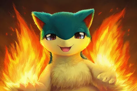 quilava,fire in back,long fur,extremely fluffy,extremely detailed fur,closed eyes,very happy,best quality,masterpiece,extremely detailed,full body,