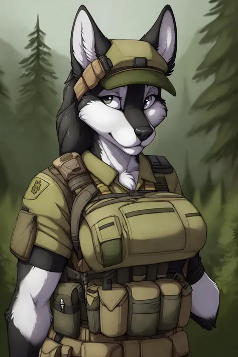 uploaded on e621, by Jay Naylor, by Xenoforge, by honovy, waist up portrait, solo, anthro husky female, tactical gloves, (military uniform, chest rig, armor vest, tactical clothing, camo), ((PMC combat medic, medic armband)),  (holding a pistol with both hands,) solo, wilderness, Tarkov, B.E.A.R. PMC operative, uhd, hdr, 4k,  <lora:BetterGuns-V1:0.65>