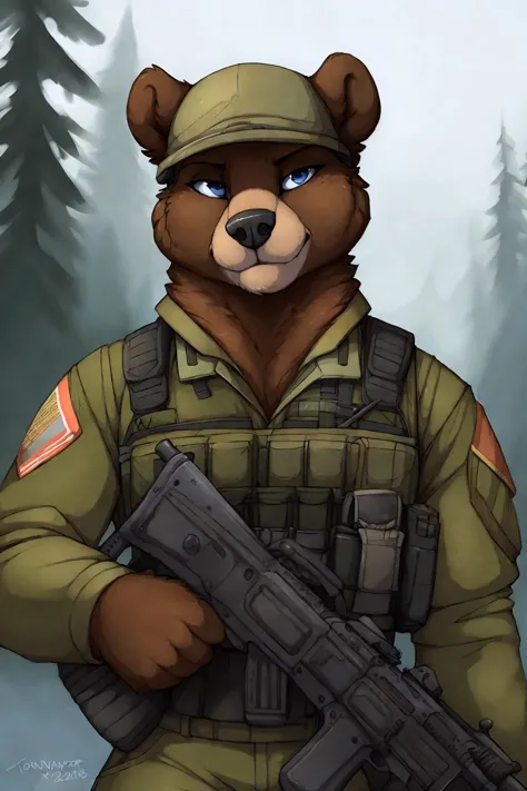 uploaded on e621, by Jay Naylor,  by Xenoforge, by honovy, waist up portrait, solo, anthro bear male, military uniform, camo, (P...