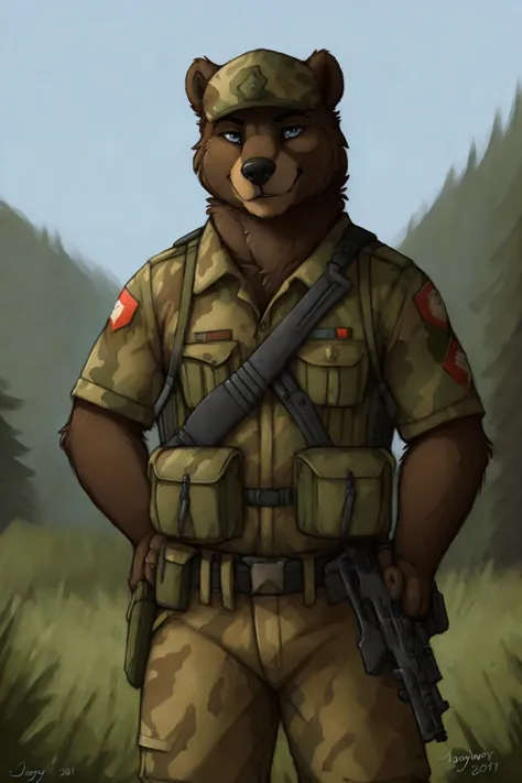 uploaded on e621, by Jay Naylor,  by Xenoforge, by honovy, waist up portrait, solo, anthro bear male, military uniform, camo, (PMC operative), (holding an assault rifle, AK-12,) solo, wilderness, confident smirk, Tarkov, B.E.A.R. PMC operative, uhd, hdr, 4k,  <lora:gunsLoHatry3:0.65>  assault rifle,