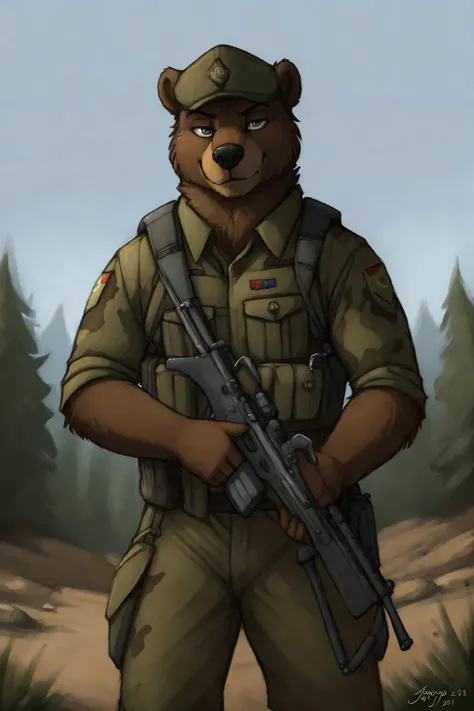 uploaded on e621, by Jay Naylor,  by Xenoforge, by honovy, waist up portrait, solo, anthro bear male, military uniform, camo, PMC operative, holding an assault rifle, AK-12, solo, wilderness, confident smirk, Tarkov, B.E.A.R. PMC operative, uhd, hdr, 4k,  ...