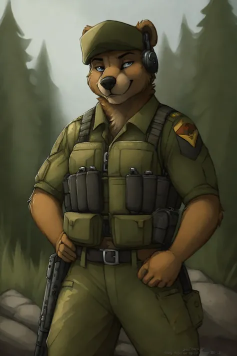 subido en e621, por jay naylor,  por xenoforge, por honovy, retrato de cintura para arriba, solo, oso antro macho, (uniforme militar, auriculares militares, plataforma de pecho, chaleco armadura, ropa táctica, camuflaje), ((Operativo PMC)), (holding an Fusil de asalto, aK-12,) solo, desierto, sonrisa confiada, Tarkov, B.Y.a.r. Operativo PMC, HD, hdr, 4k, Fusil de asalto,