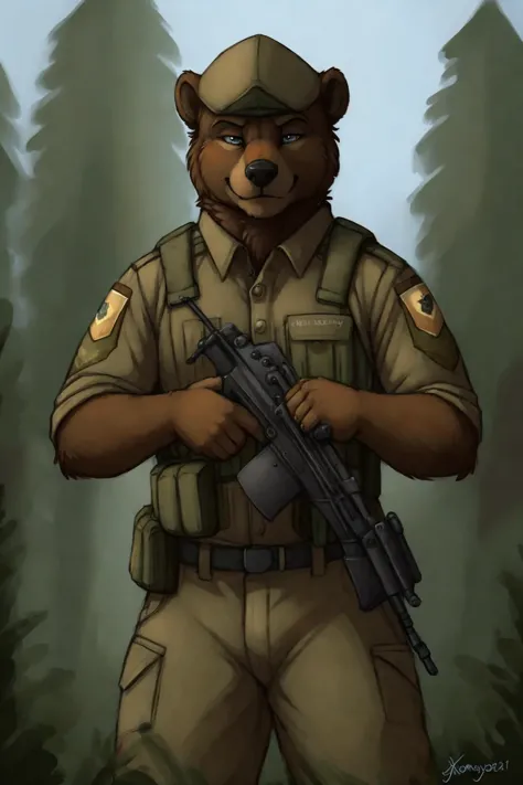uploaded on e621, by Jay Naylor,  by Xenoforge, by honovy, waist up portrait, solo, anthro bear male, military uniform, camo, (PMC operative), (holding an assault rifle, AK-12,) solo, wilderness, confident smirk, Tarkov, B.E.A.R. PMC operative, uhd, hdr, 4...