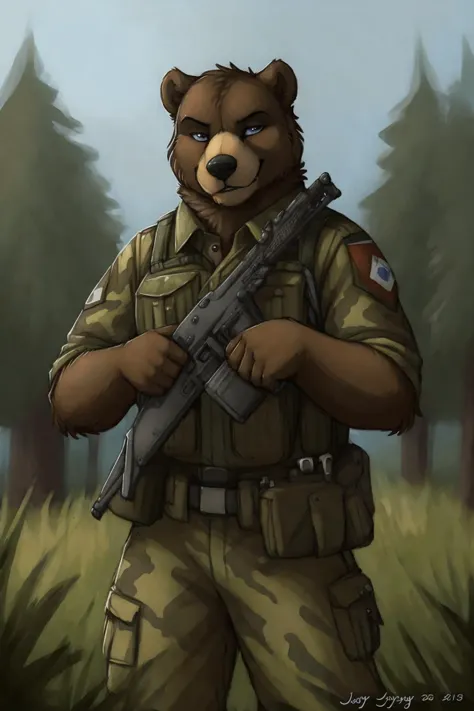 uploaded on e621, by Jay Naylor,  by Xenoforge, by honovy, waist up portrait, solo, anthro bear male, military uniform, camo, PMC operative, holding an assault rifle, AK-12, solo, wilderness, confident smirk, Tarkov, B.E.A.R. PMC operative, uhd, hdr, 4k,   <lora:gunsLoHatry3:0.65>  assault rifle,