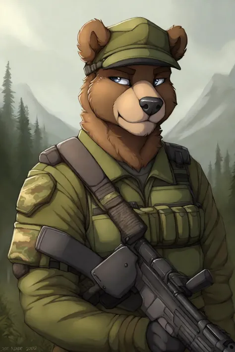 uploaded on e621, by Jay Naylor,  by Xenoforge, by honovy, waist up portrait, solo, anthro bear male, military uniform, camo, PM...