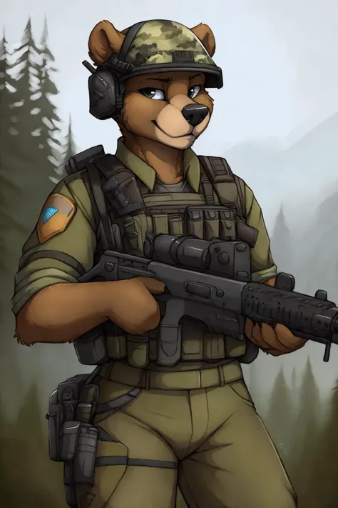 uploaded on e621, by Jay Naylor,  by Xenoforge, by honovy, waist up portrait, solo, anthro bear male, (military uniform, combat helmet, military headset, chest rig, armor vest, tactical clothing, camo), ((PMC operative)), (holding an assault rifle, AK-12,)...